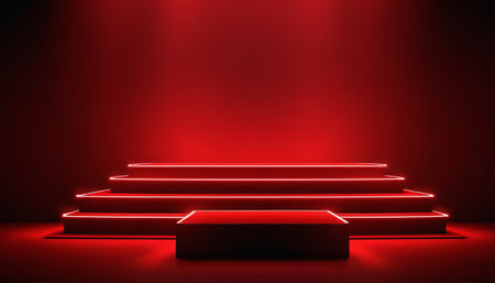 Red podium illuminated with red light. Award ceremony concept. 3D Renderingの素材