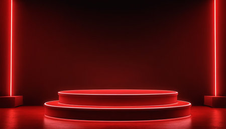 Abstract red podium illuminated with red light. Award ceremony concept. 3D Renderingの素材