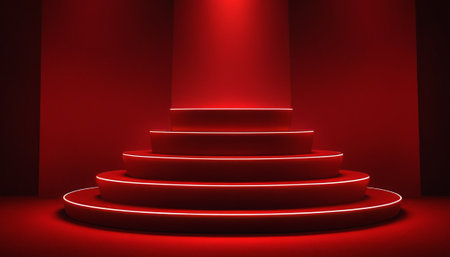 Red podium illuminated by red spotlight. Award ceremony concept. 3D Renderingの素材