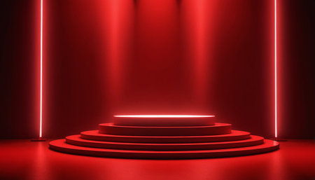 Red podium illuminated with red light. Award ceremony concept. 3D Renderingの素材