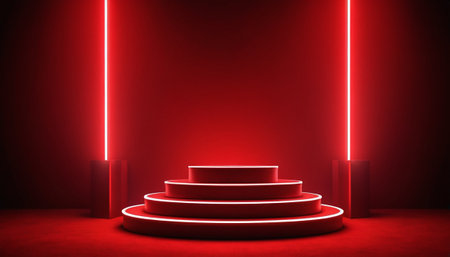 Stage podium with lighting, Stage Podium Scene with for Award Ceremony on red Background, 3d renderの素材