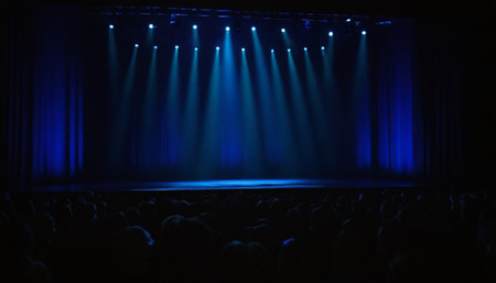 Cinema stage with blue lights and seats in the auditoriumの素材