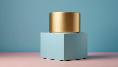 3d render, abstract minimal geometric forms, podium for product presentation. Glossy golden cylinder stand on pastel blue background.の素材