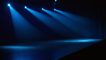 Stage lights and smoke on a blue stage background. Stage lights in the darkの素材