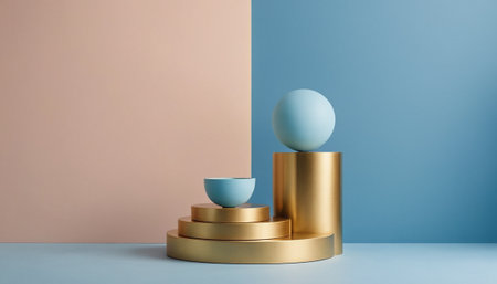 Minimalist abstract scene with blue and golden podiums. 3d renderの素材
