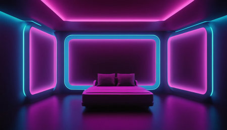 3d rendering of a bedroom interior with neon lights on the wallsの素材