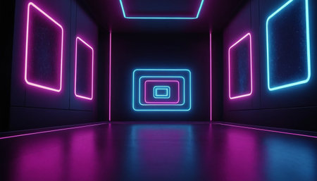 3D rendering. Futuristic hallway with neon lights. Glowing neon lights on dark background.の素材