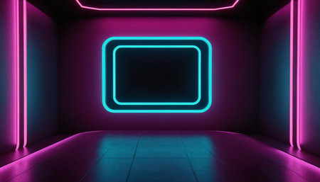 3D rendering of an empty room with neon lights in the backgroundの素材
