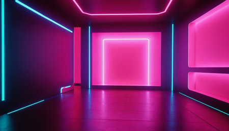 3d render, abstract background with neon lights, empty room, modern interiorの素材