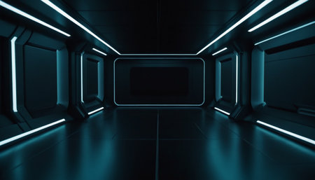futuristic scifi tunnel corridor with glowing lights 3d rendering wallpaper backgroundの素材