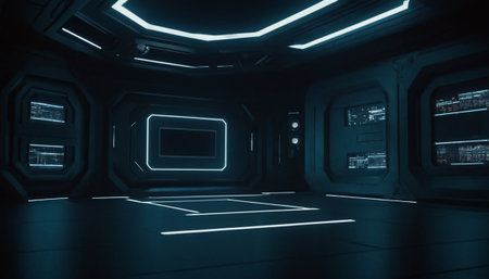 Futuristic scifi tunnel corridor with glowing lights 3d renderingの素材