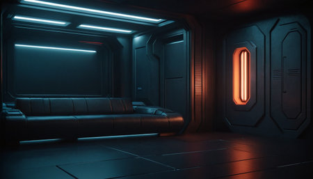 Futuristic dark room with leather sofa and glowing neon light. 3D Renderingの素材