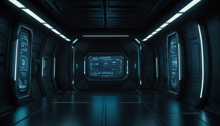 Futuristic scifi tunnel corridor with glowing lights 3d renderingの素材
