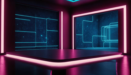 3d render, abstract background, empty room with neon lights, virtual realityの素材