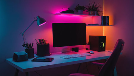 Modern home office workspace with computer, keyboard, mouse, coffee cup and other items.の素材