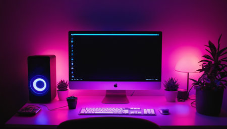 Computer with black screen on the table in the room with purple lightingの素材