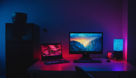 Computer on a table in a dark room with blue and purple lightingの素材