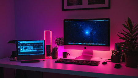 Designer desktop with computer, keyboard, mouse, lamp and other itemsの素材