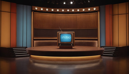 3D rendering of a vintage television set on stage in a theaterの素材