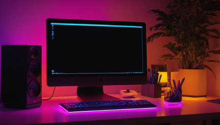Computer with blank screen on desk in dark room. 3D renderingの素材