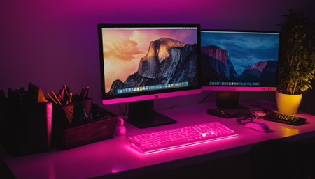 Computer desktop with keyboard, mouse, mouse, lamp and other accessories.の素材