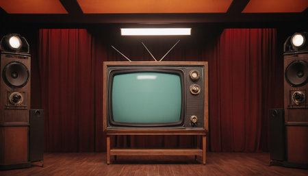 Retro TV set in a room with red curtains. 3d renderingの素材