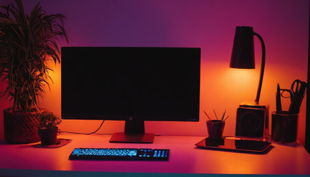Computer monitor, keyboard, mouse, lamp and plant on the tableの素材