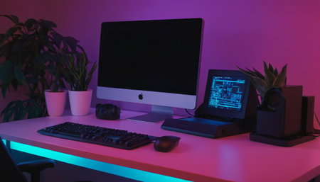 Workplace with computer, mouse, keyboard and plant in neon lightの素材