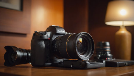 digital camera on a table in a photo studio, close-upの素材