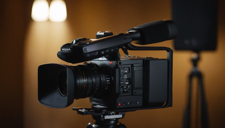 Professional video camera on tripod in recording studio. Selective focus.の素材
