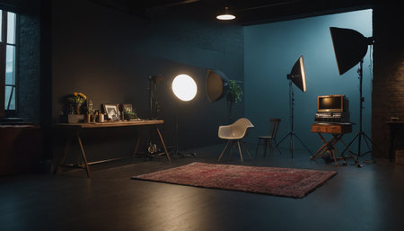 Interior of modern photo studio with professional equipment. 3D renderingの素材