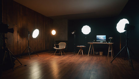 Interior of a photo studio with professional equipment and lighting equipment.の素材