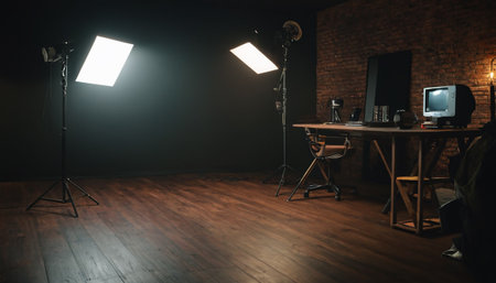 Interior of a modern photo studio with lighting equipment and equipment.の素材