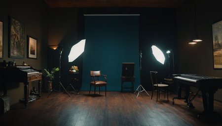 Interior of a modern music studio with blue walls and wooden floorの素材