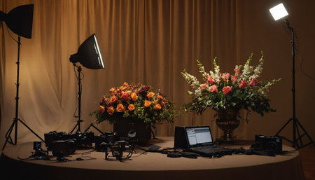 Interior of a studio with flowers and equipment ready for photoshootの素材