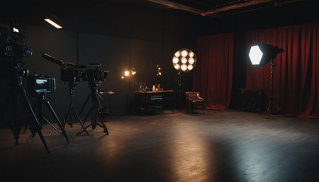 Cinema studio interior with professional lighting equipment and red curtains.の素材