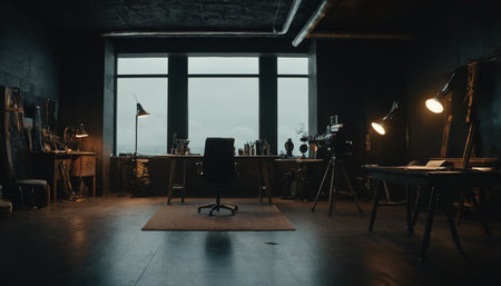 Interior of an old fashion studio with a large window and a wooden floorの素材