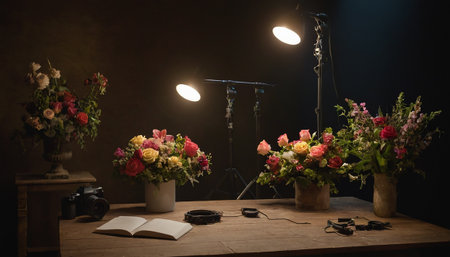 Still life with flowers on a wooden table with a lamp and a cameraの素材