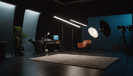 interior of a modern photo studio with professional equipment and lighting equipmentの素材