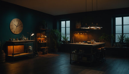 Interior of a modern bar or cafe with dark green walls and wooden floorの素材