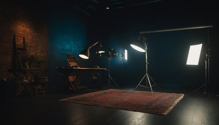Interior of a photo studio with professional equipment and lighting equipment.の素材