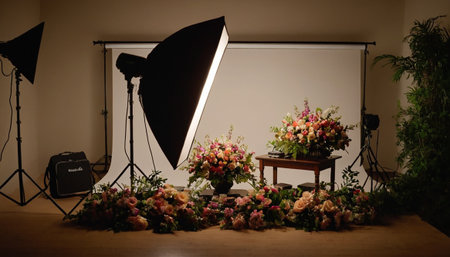 Flowers in a vase on a table in a photo studioの素材