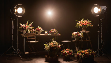 Flowers in vases on the table in a dark room with lightingの素材