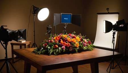 Interior of a photo studio with flowers and professional lighting equipment.の素材