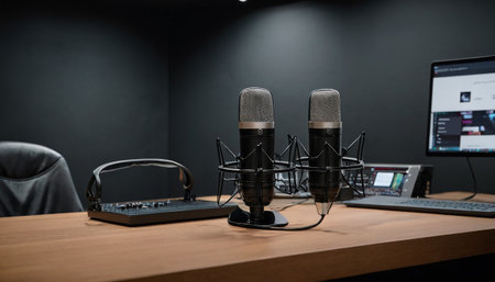 Microphones on a table in a recording studio. The concept of voice-oversの素材
