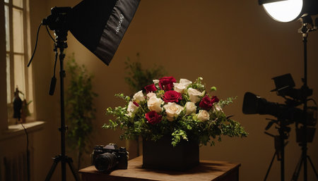 Flowers in a vase on a table in a photo studioの素材