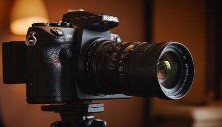 Close up of a professional digital camera, focus on the lens.の素材