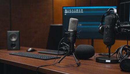 Professional microphone on a desk in recording studio. Professional studio equipment.の素材