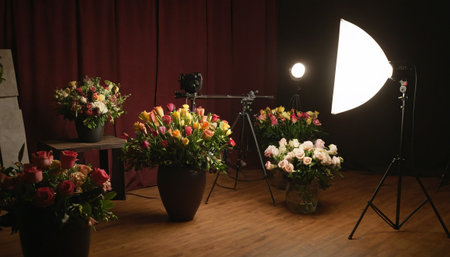 Flowers in a vase on a tripod in a photo studioの素材