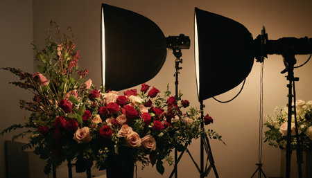 Photography studio with red roses in vase and professional camera equipmentの素材